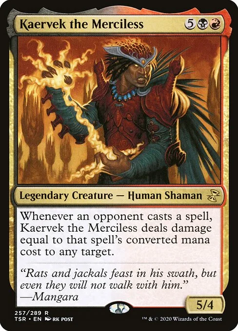Kaervek the Merciless, carta Magic di tipo Legendary Creature — Human Shaman illustrata da rk post