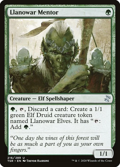 Llanowar Mentor, carta Magic di tipo Creature — Elf Spellshaper illustrata da Trevor Hairsine