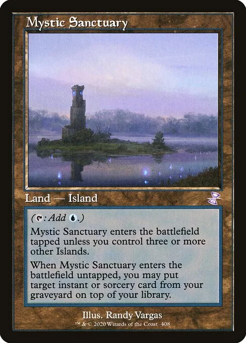 Mystic Sanctuary, carta Magic di tipo Land — Island illustrata da Randy Vargas