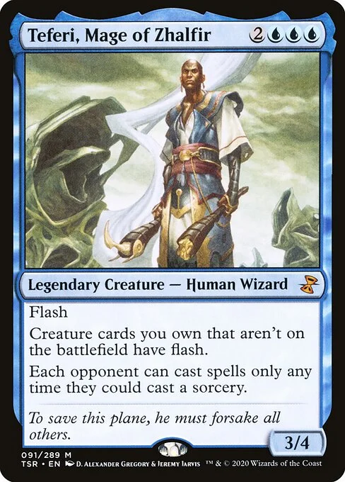 Teferi, Mage of Zhalfir, carta Magic di tipo Legendary Creature — Human Wizard illustrata da D. Alexander Gregory & Jeremy Jarvis