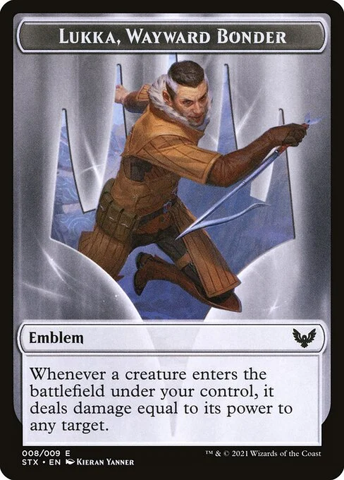 Lukka, Wayward Bonder Emblem, carta Magic di tipo Emblem illustrata da Kieran Yanner