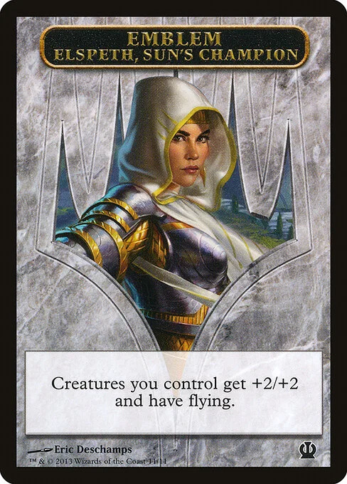 Elspeth, Sun's Champion Emblem, carta Magic di tipo Emblem — Elspeth illustrata da Eric Deschamps