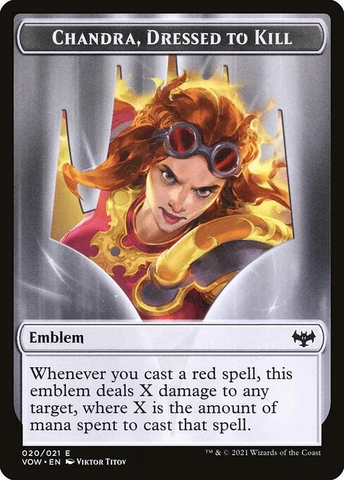 Chandra, Dressed to Kill Emblem, carta Magic di tipo Emblem illustrata da Viktor Titov