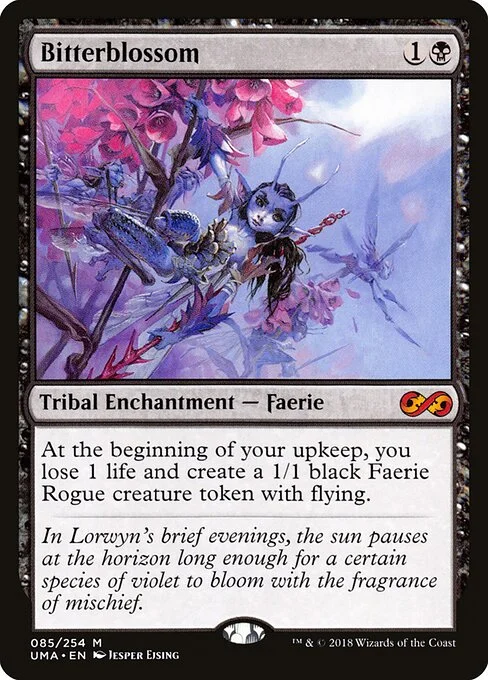 Bitterblossom, carta Magic di tipo Kindred Enchantment — Faerie illustrata da Jesper Ejsing
