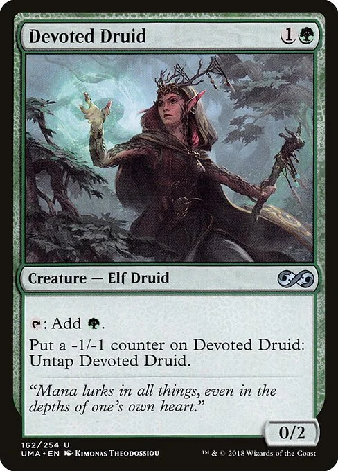 Devoted Druid, carta Magic di tipo Creature — Elf Druid illustrata da Kimonas Theodossiou