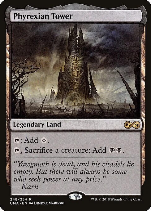 Phyrexian Tower, carta Magic di tipo Legendary Land illustrata da Dimitar Marinski