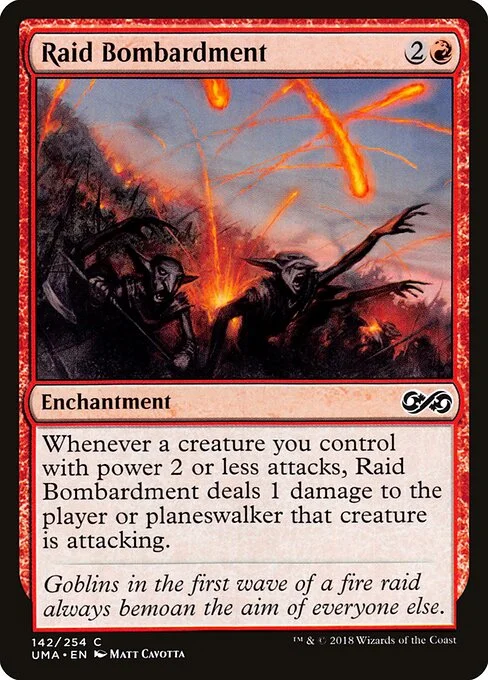 Raid Bombardment, carta Magic di tipo Enchantment illustrata da Matt Cavotta