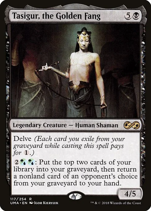 Tasigur, the Golden Fang, carta Magic di tipo Legendary Creature — Human Shaman illustrata da Igor Kieryluk