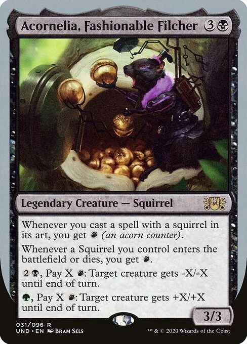 Acornelia, Fashionable Filcher, carta Magic di tipo Legendary Creature — Squirrel illustrata da Bram Sels