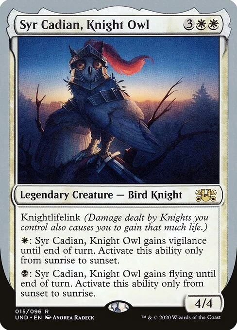 Syr Cadian, Knight Owl, carta Magic di tipo Legendary Creature — Bird Knight illustrata da Andrea Radeck
