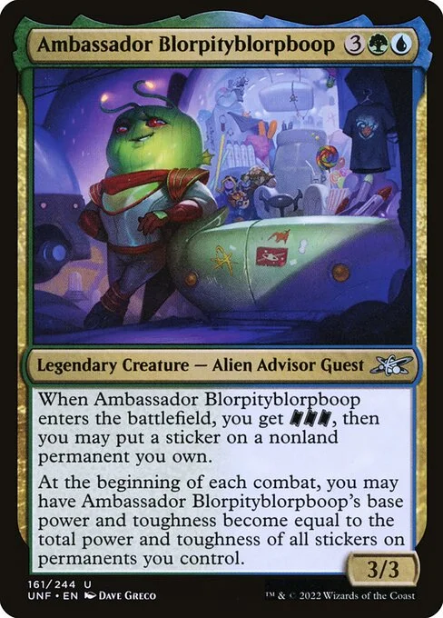 Ambassador Blorpityblorpboop, carta Magic di tipo Legendary Creature — Alien Advisor Guest illustrata da Dave Greco