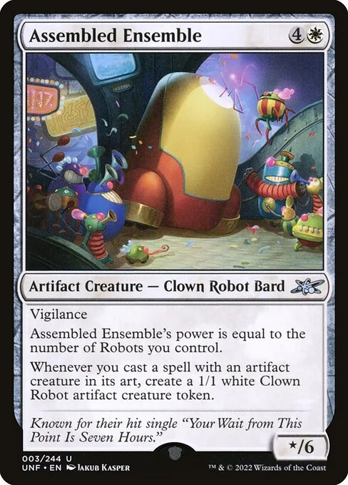 Assembled Ensemble, carta Magic di tipo Artifact Creature — Clown Robot Bard illustrata da Jakub Kasper