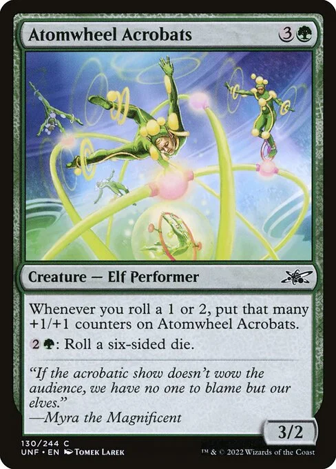 Atomwheel Acrobats, carta Magic di tipo Creature — Elf Performer illustrata da Tomek Larek