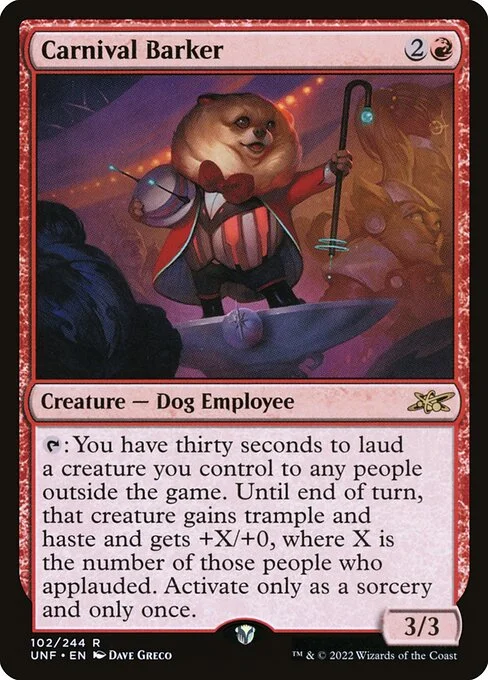 Carnival Barker, carta Magic di tipo Creature — Dog Employee illustrata da Dave Greco