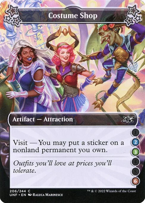 Costume Shop, carta Magic di tipo Artifact — Attraction illustrata da Raluca Marinescu