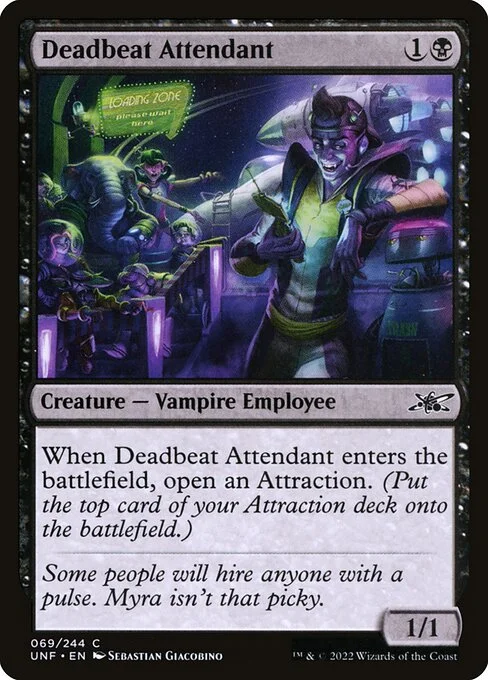 Deadbeat Attendant, carta Magic di tipo Creature — Vampire Employee illustrata da Sebastian Giacobino
