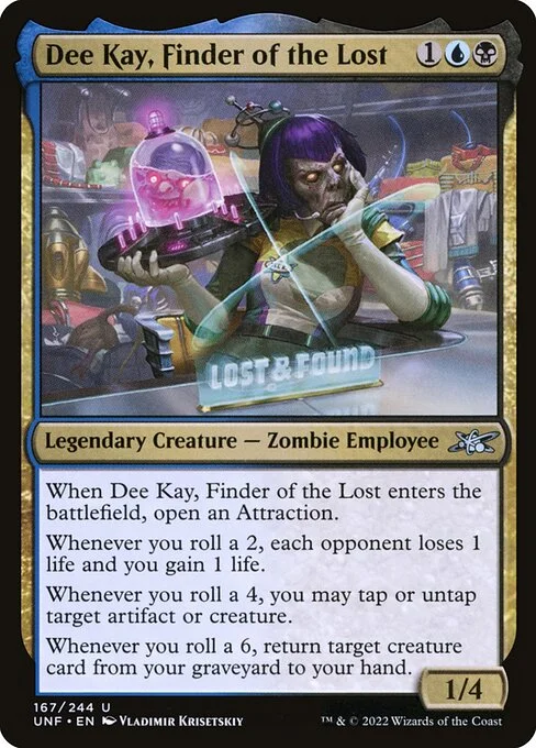 Dee Kay, Finder of the Lost, carta Magic di tipo Legendary Creature — Zombie Employee illustrata da Vladimir Krisetskiy
