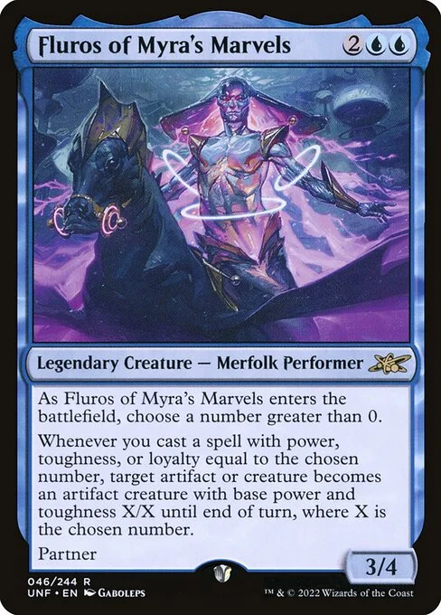 Fluros of Myra's Marvels, carta Magic di tipo Legendary Creature — Merfolk Performer illustrata da Gaboleps