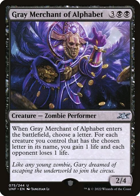 Gray Merchant of Alphabet, carta Magic di tipo Creature — Zombie Performer illustrata da Yangtian Li
