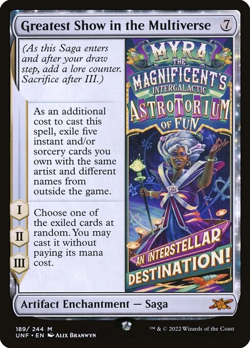 Greatest Show in the Multiverse, carta Magic di tipo Artifact Enchantment — Saga illustrata da Alix Branwyn