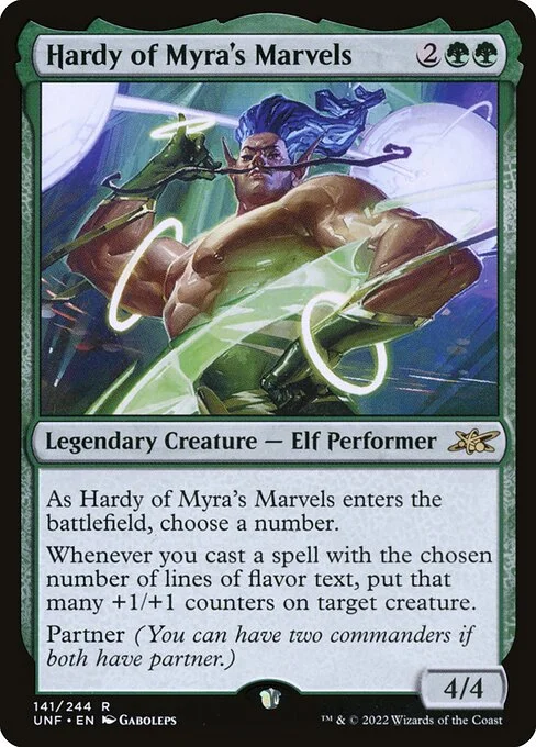 Hardy of Myra's Marvels, carta Magic di tipo Legendary Creature — Elf Performer illustrata da Gaboleps