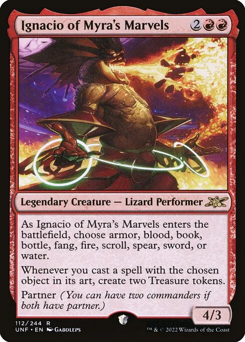 Ignacio of Myra's Marvels, carta Magic di tipo Legendary Creature — Lizard Performer illustrata da Gaboleps
