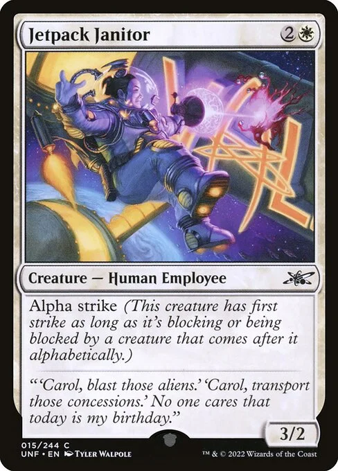 Jetpack Janitor, carta Magic di tipo Creature — Human Employee illustrata da Tyler Walpole