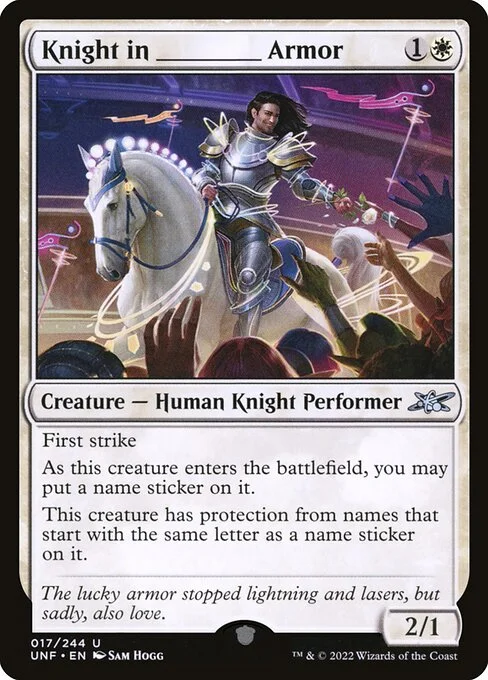 Knight in _____ Armor, carta Magic di tipo Creature — Human Knight Performer illustrata da Sam Hogg
