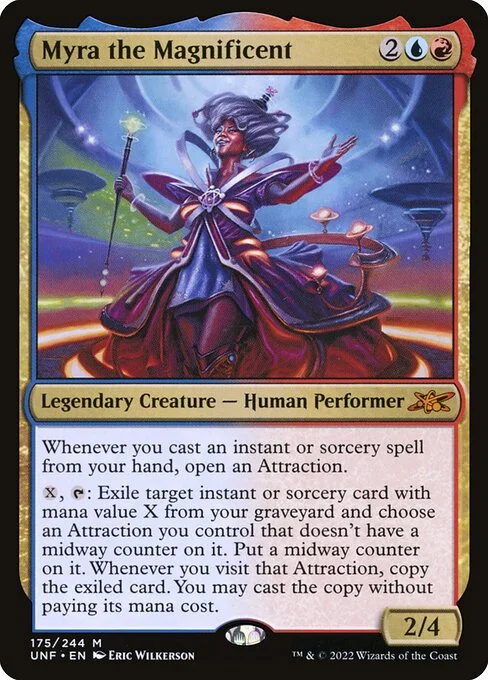 Myra the Magnificent, carta Magic di tipo Legendary Creature — Human Performer illustrata da Eric Wilkerson