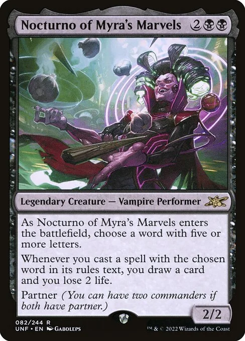 Nocturno of Myra's Marvels, carta Magic di tipo Legendary Creature — Vampire Performer illustrata da Gaboleps