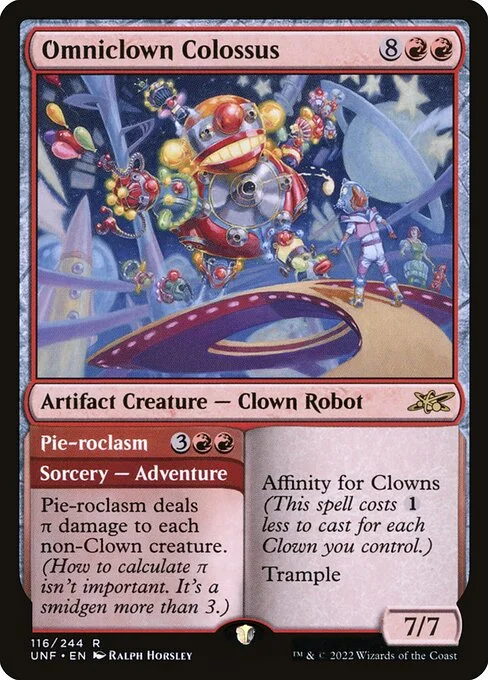 Omniclown Colossus // Pie-roclasm, carta Magic di tipo Artifact Creature — Clown Robot // Sorcery — Adventure illustrata da Ralph Horsley