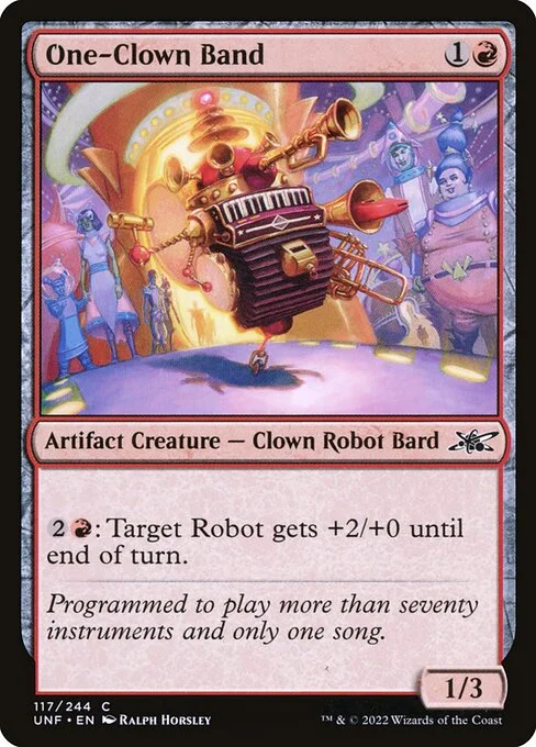 One-Clown Band, carta Magic di tipo Artifact Creature — Clown Robot Bard illustrata da Ralph Horsley