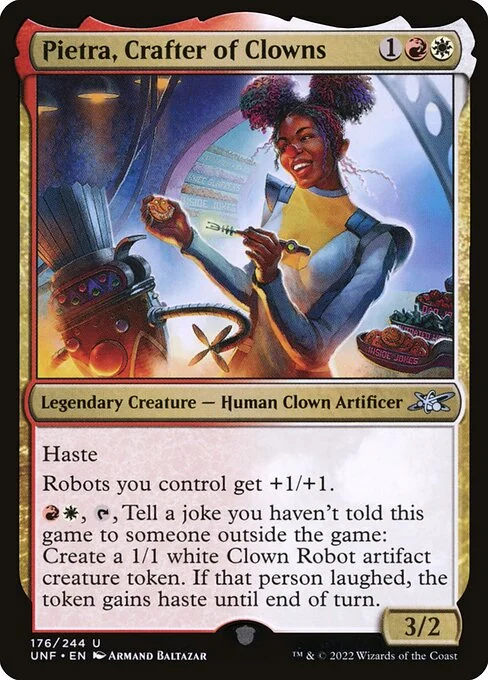 Pietra, Crafter of Clowns, carta Magic di tipo Legendary Creature — Human Clown Artificer illustrata da Armand Baltazar