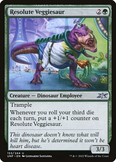 Resolute Veggiesaur, carta Magic di tipo Creature — Dinosaur Employee illustrata da Leonardo Santanna