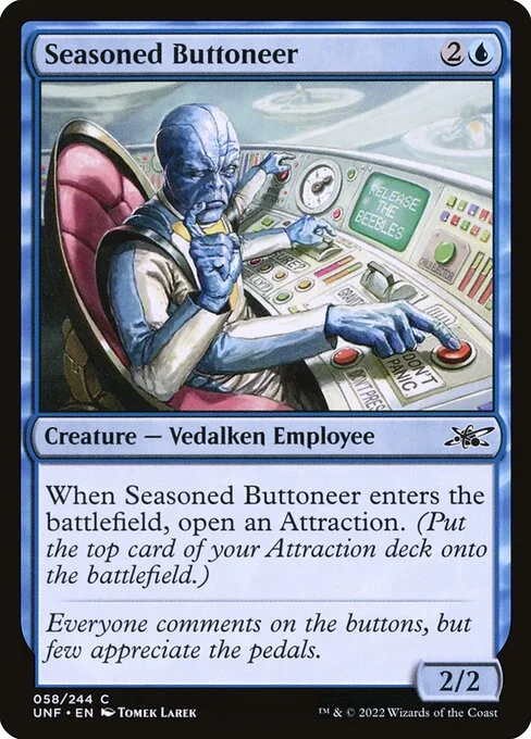 Seasoned Buttoneer, carta Magic di tipo Creature — Vedalken Employee illustrata da Tomek Larek