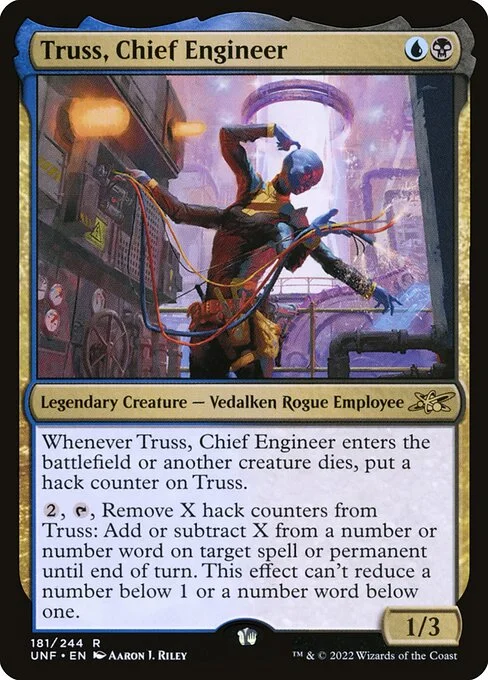 Truss, Chief Engineer, carta Magic di tipo Legendary Creature — Vedalken Rogue Employee illustrata da Aaron J. Riley