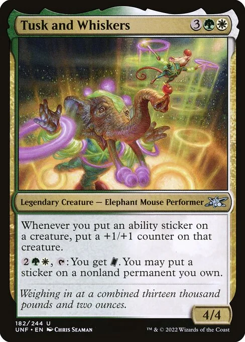 Tusk and Whiskers, carta Magic di tipo Legendary Creature — Elephant Mouse Performer illustrata da Chris Seaman