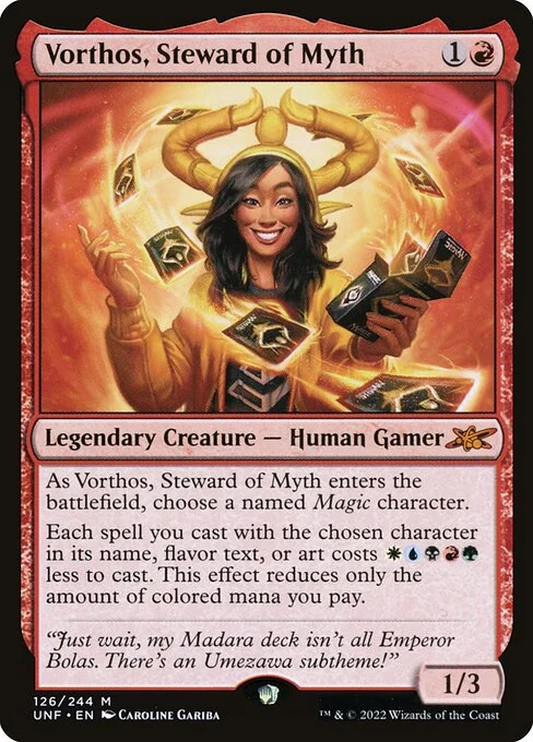 Vorthos, Steward of Myth, carta Magic di tipo Legendary Creature — Human Gamer illustrata da Caroline Gariba