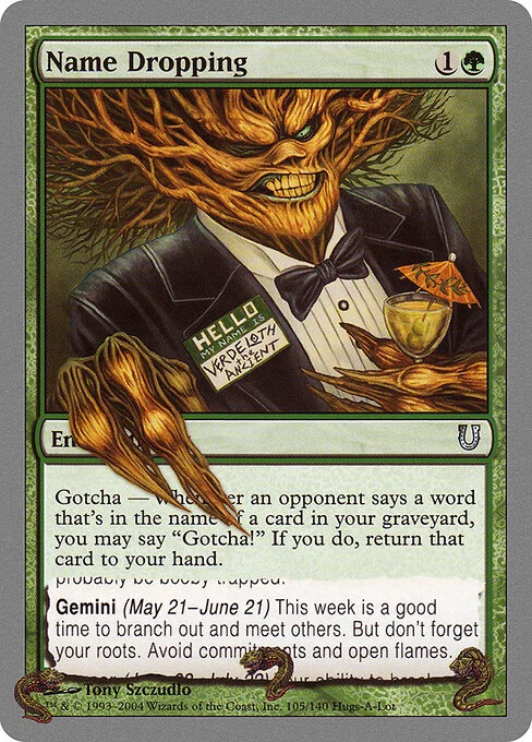 Name Dropping, carta Magic di tipo Enchantment illustrata da Tony Szczudlo