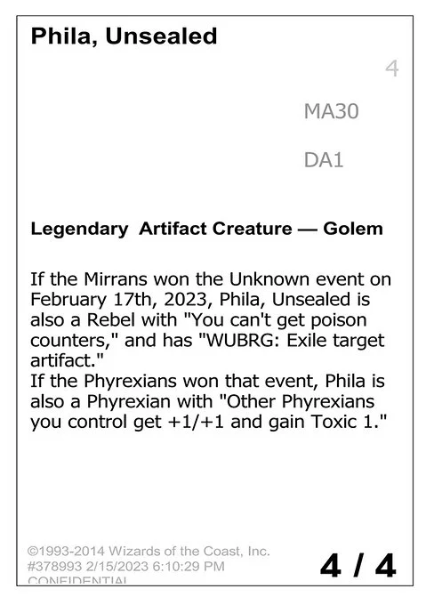 Phila, Unsealed, carta Magic di tipo Legendary Artifact Creature — Golem