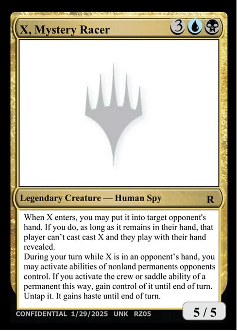 X, Mystery Racer, carta Magic di tipo Legendary Creature — Human Spy