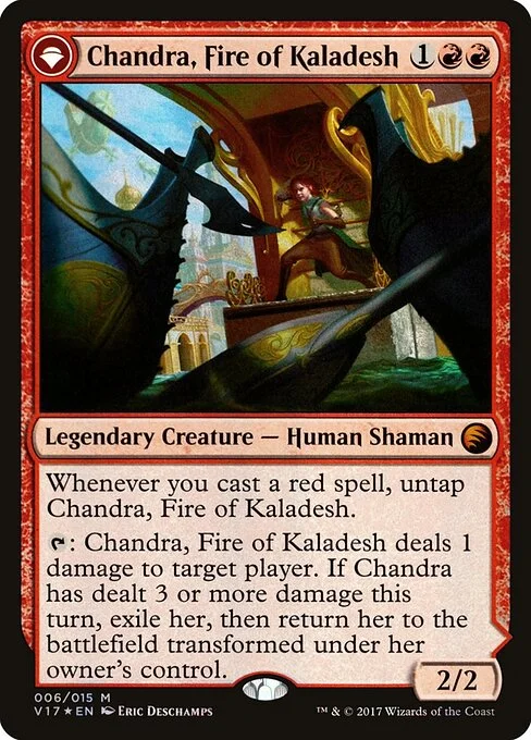 Chandra, Fire of Kaladesh // Chandra, Roaring Flame, carta Magic di tipo Legendary Creature — Human Shaman // Legendary Planeswalker — Chandra illustrata da Eric Deschamps