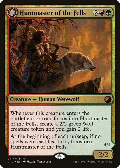 Huntmaster of the Fells // Ravager of the Fells, carta Magic di tipo Creature — Human Werewolf // Creature — Werewolf illustrata da Magali Villeneuve
