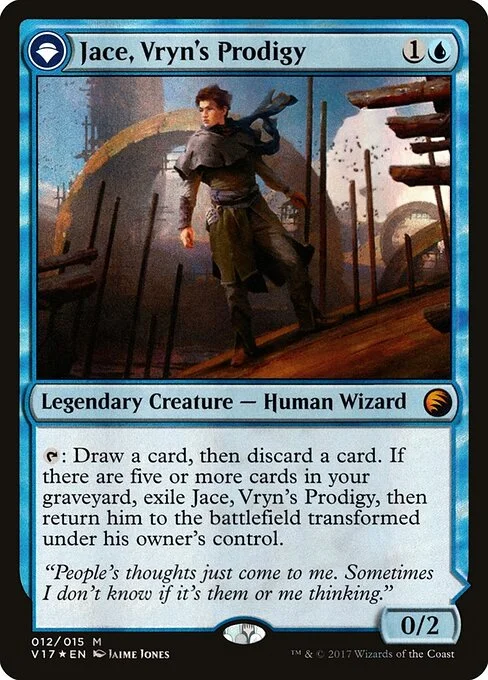 Jace, Vryn's Prodigy // Jace, Telepath Unbound, carta Magic di tipo Legendary Creature — Human Wizard // Legendary Planeswalker — Jace illustrata da Jaime Jones