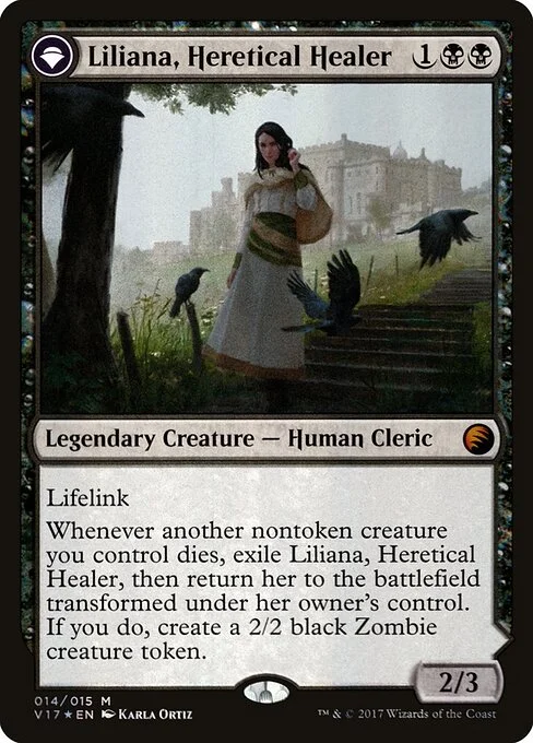 Liliana, Heretical Healer // Liliana, Defiant Necromancer, carta Magic di tipo Legendary Creature — Human Cleric // Legendary Planeswalker — Liliana illustrata da Karla Ortiz