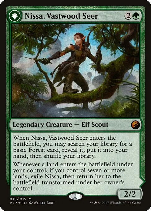 Nissa, Vastwood Seer // Nissa, Sage Animist, carta Magic di tipo Legendary Creature — Elf Scout // Legendary Planeswalker — Nissa illustrata da Wesley Burt