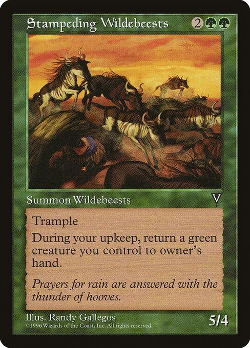 Stampeding Wildebeests, carta Magic di tipo Creature — Antelope Beast illustrata da Randy Gallegos