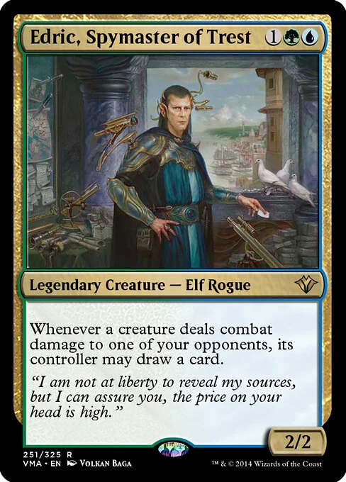 Edric, Spymaster of Trest, carta Magic di tipo Legendary Creature — Elf Rogue illustrata da Volkan Baǵa