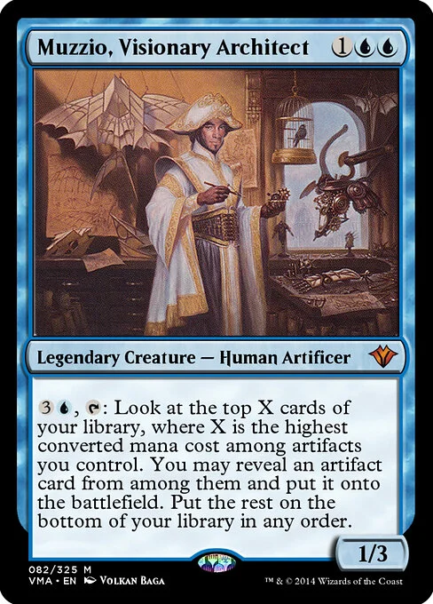 Muzzio, Visionary Architect, carta Magic di tipo Legendary Creature — Human Artificer illustrata da Volkan Baǵa