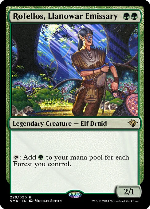 Rofellos, Llanowar Emissary, carta Magic di tipo Legendary Creature — Elf Druid illustrata da Michael Sutfin